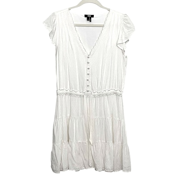 PAIGE Rosalee White Tiered Mini Dress Size M Flutter Sleeve Scallop Trim Boho - Picture 3 of 12